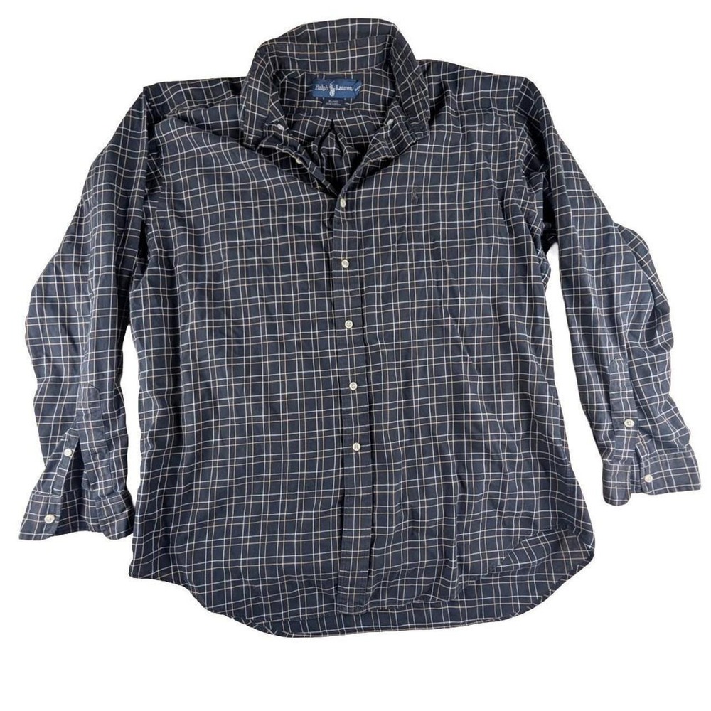 Polo Ralph Lauren Blake Shirt Mens Large Navy Blue Tan Windowpane Check Cotton L